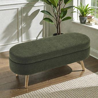 Lufeiya 43.5" Oval Upholstered Storage Ottoman Bench with Rubber Wood Legs, Fabric Footstool Seat