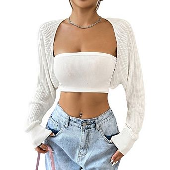 Women's Long Sleeve Open Front Drop Shoulder Bolero Shrug Lightweight Sweater Cardigan