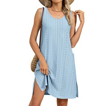 Women's Eyelet Sleeveless Shift Dress with Side Pockets Lightweight Casual Beach Dress