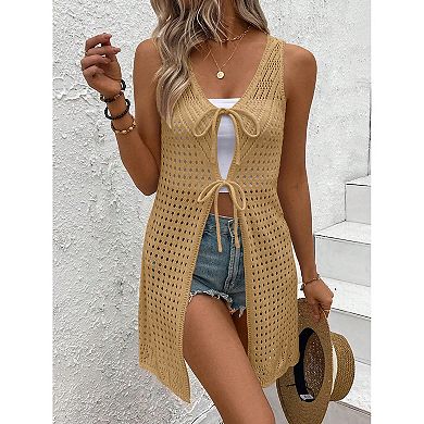 Women's Lightweight Front Tie Sleeveless Long Knit Cardigan