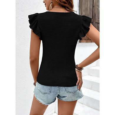 Women's Casual Slim Fit V Neck Blouses Top Fashion Flutter Short Sleeve Basic Tee Shirt Tops
