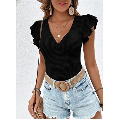 Women's Casual Slim Fit V Neck Blouses Top Fashion Flutter Short Sleeve Basic Tee Shirt Tops