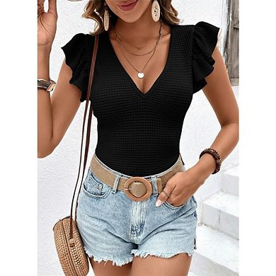 Women's Casual Slim Fit V Neck Blouses Top Fashion Flutter Short Sleeve Basic Tee Shirt Tops