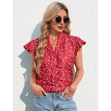 Women Button Down Shirt Ruffle Collar Short Sleeve Top