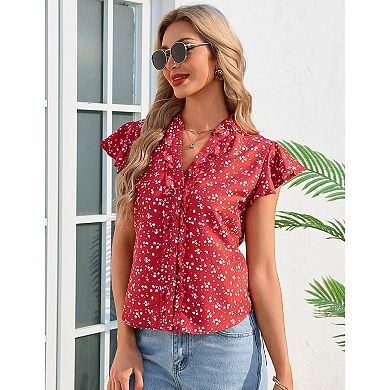 Women Button Down Shirt Ruffle Collar Short Sleeve Top
