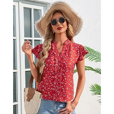 Women Button Down Shirt Ruffle Collar Short Sleeve Top