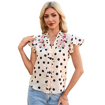 Women Button Down Shirt Ruffle Collar Short Sleeve Top