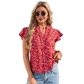 Women Button Down Shirt Ruffle Collar Short Sleeve Top