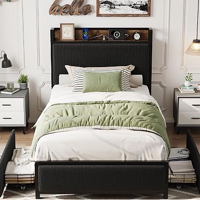 Twin Size Bed Frame with 2 Storage Drawers and Charging Station, Rustic Velvet Upholstered Platform