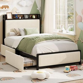 Twin Size Bed Frame with 2 Storage Drawers and Charging Station, Rustic Velvet Upholstered Platform