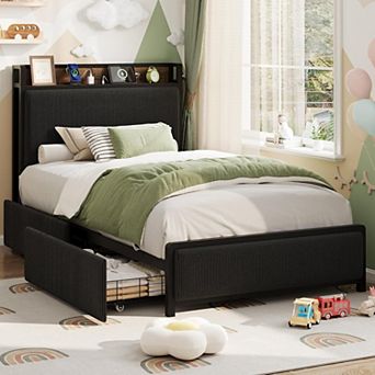 Twin Size Bed Frame with 2 Storage Drawers and Charging Station, Rustic Velvet Upholstered Platform