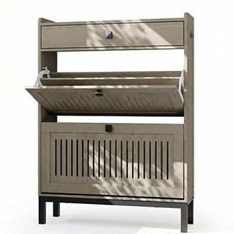 2-Door Flip Shoe Cabinet with Drawer Adjustable Shelves Hidden Wooden Shoe Storage Organizer