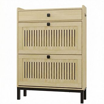 2-Door Flip Shoe Cabinet with Drawer Adjustable Shelves Hidden Wooden Shoe Storage Organizer
