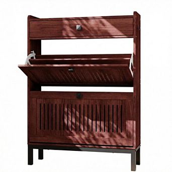 2-Door Flip Shoe Cabinet with Drawer Adjustable Shelves Hidden Wooden Shoe Storage Organizer