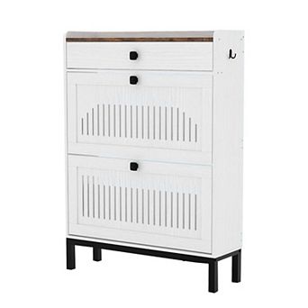 2-Door Flip Shoe Cabinet with Drawer Adjustable Shelves Hidden Wooden Shoe Storage Organizer