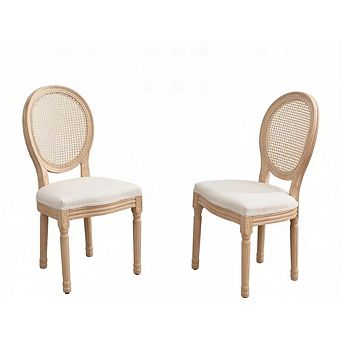 GOODSILO French Style Solid Wood Frame Antique Painting Linen Fabric Rattan Back Dining Chair Set