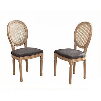 GOODSILO French Style Solid Wood Frame Antique Painting Linen Fabric Rattan Back Dining Chair Set