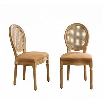 GOODSILO French Style Solid Wood Frame Antique Painting Linen Fabric Rattan Back Dining Chair Set