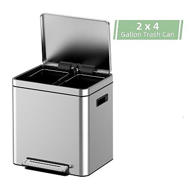 2 x 15/18/20L Trash Can,Stainless Steel Dual Compartment Step-on Recycling Bin with 2 Compartments