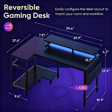 L-Shaped Gaming Desk with LED Lights, USB, Type-C Ports, Storage, and Easy Assembly