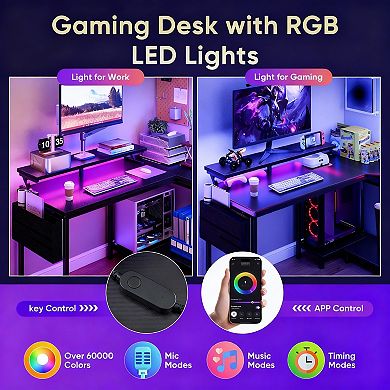 L-Shaped Gaming Desk with LED Lights, USB, Type-C Ports, Storage, and Easy Assembly