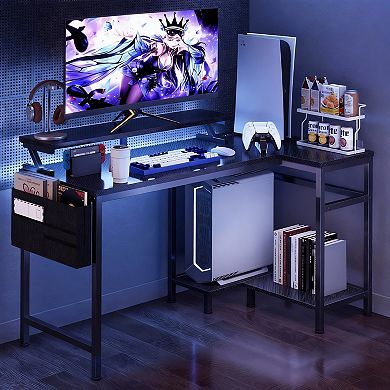 L-Shaped Gaming Desk with LED Lights, USB, Type-C Ports, Storage, and Easy Assembly