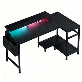 L-Shaped Gaming Desk with LED Lights, USB, Type-C Ports, Storage, and Easy Assembly