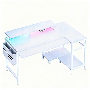 L-Shaped Gaming Desk with LED Lights, USB, Type-C Ports, Storage, and Easy Assembly
