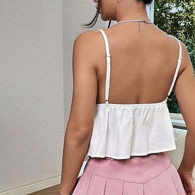 Women's Slim Fit Short Crop Tank Top Summer Spaghetti Straps Tank Top Tie Front Ruffle Camisole