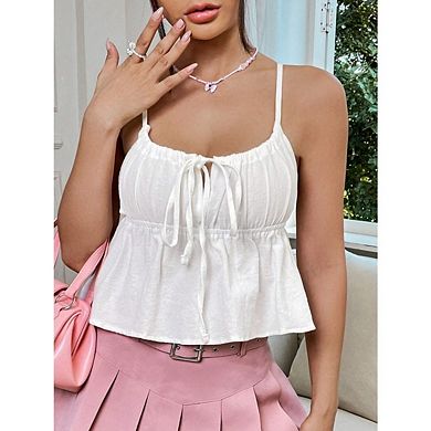 Women's Slim Fit Short Crop Tank Top Summer Spaghetti Straps Tank Top Tie Front Ruffle Camisole