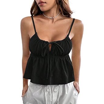 Women's Slim Fit Short Crop Tank Top Summer Spaghetti Straps Tank Top Tie Front Ruffle Camisole