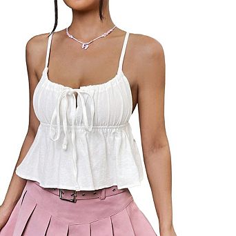 Women's Slim Fit Short Crop Tank Top Summer Spaghetti Straps Tank Top Tie Front Ruffle Camisole
