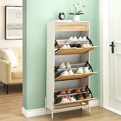Rattan Shoe Cabinet with 3 Flip Drawers and Adjustable Shelf Narrow Hidden Shoe Storage