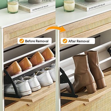 Rattan Shoe Cabinet with 3 Flip Drawers and Adjustable Shelf Narrow Hidden Shoe Storage