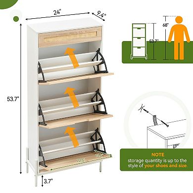 Rattan Shoe Cabinet with 3 Flip Drawers and Adjustable Shelf Narrow Hidden Shoe Storage
