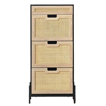 Rattan Shoe Cabinet with 3 Flip Drawers and Adjustable Shelf Narrow Hidden Shoe Storage