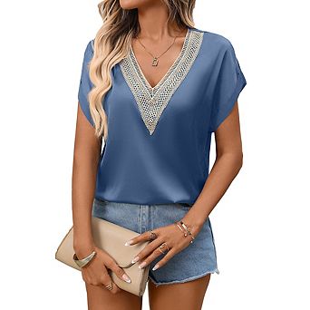 Women's Casual V Neck Lace Satin Short Sleeve Blouse Tops Summer Business Outfits Blouse Shirts