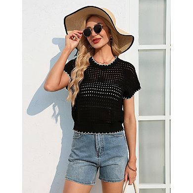 Women's Contrast Trim Knit Top Short Sleeve Hollow Out Shirt