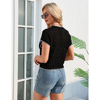 Women's Contrast Trim Knit Top Short Sleeve Hollow Out Shirt