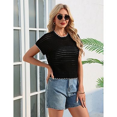 Women's Contrast Trim Knit Top Short Sleeve Hollow Out Shirt