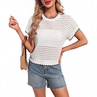 Women's Contrast Trim Knit Top Short Sleeve Hollow Out Shirt