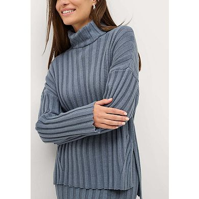 Ellos Plus Size Wide Ribbed Turtleneck Pullover With Hi-Low Hem