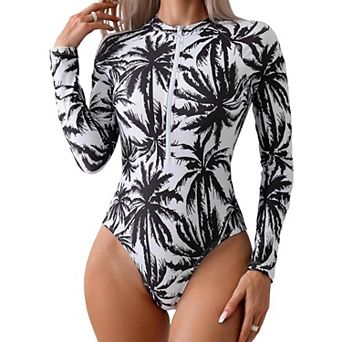 Women's Palm Tree Print Long Sleeve One Piece Swimsuit Front Zipper UV Protection Rash Guard
