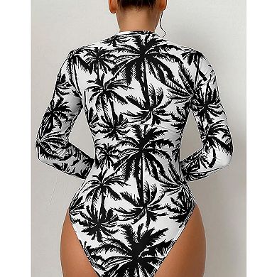 Women's Palm Tree Print Long Sleeve One Piece Swimsuit Front Zipper UV Protection Rash Guard