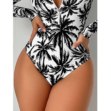 Women's Palm Tree Print Long Sleeve One Piece Swimsuit Front Zipper UV Protection Rash Guard