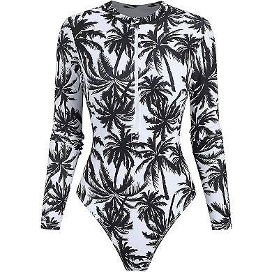 Women's Palm Tree Print Long Sleeve One Piece Swimsuit Front Zipper UV Protection Rash Guard