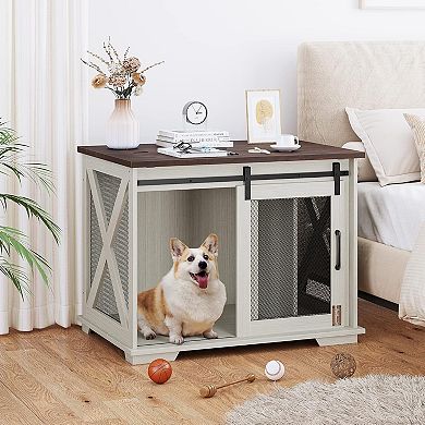 Dog Crate Furniture with Sliding Barn Door, Flip-Top End Table, Wheels & Removable Divider