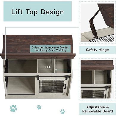 Dog Crate Furniture with Sliding Barn Door, Flip-Top End Table, Wheels & Removable Divider