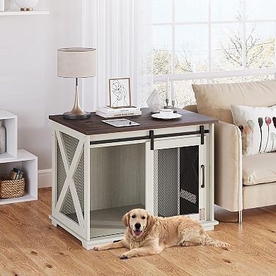 Dog Crate Furniture with Sliding Barn Door, Flip-Top End Table, Wheels & Removable Divider