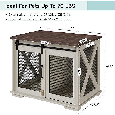 Dog Crate Furniture with Sliding Barn Door, Flip-Top End Table, Wheels & Removable Divider